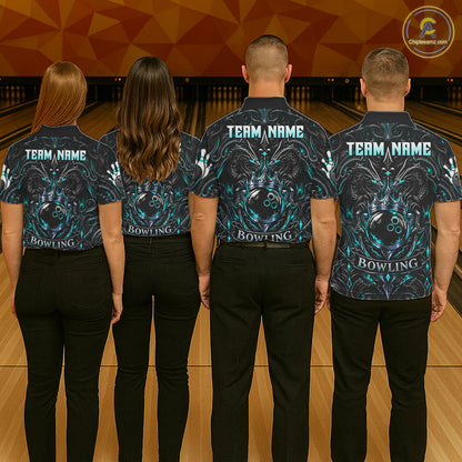 Men's Teal Gothic Dragon Bowling Polo Quarter-Zip Shirt Custom Neon Blue Strike Bowling Team Jersey NYN4735