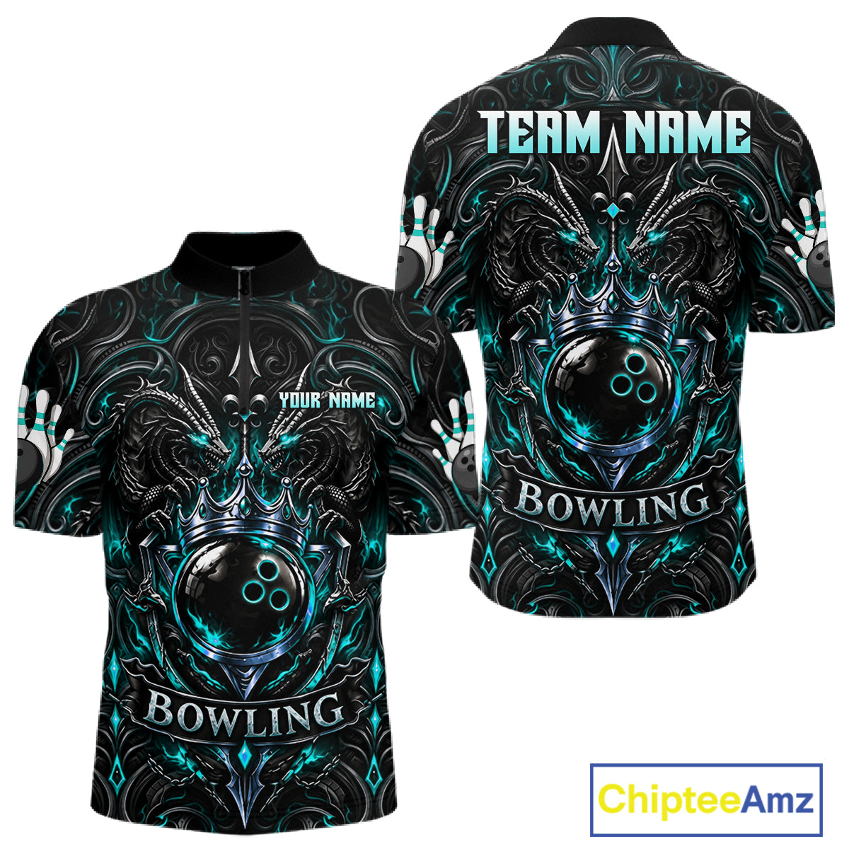 Men's Teal Gothic Dragon Bowling Polo Quarter-Zip Shirt Custom Neon Blue Strike Bowling Team Jersey NYN4735