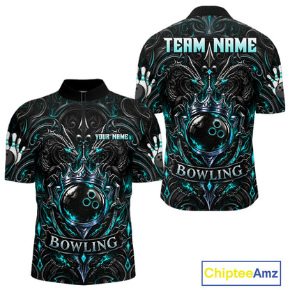 Men's Teal Gothic Dragon Bowling Polo Quarter-Zip Shirt Custom Neon Blue Strike Bowling Team Jersey NYN4735