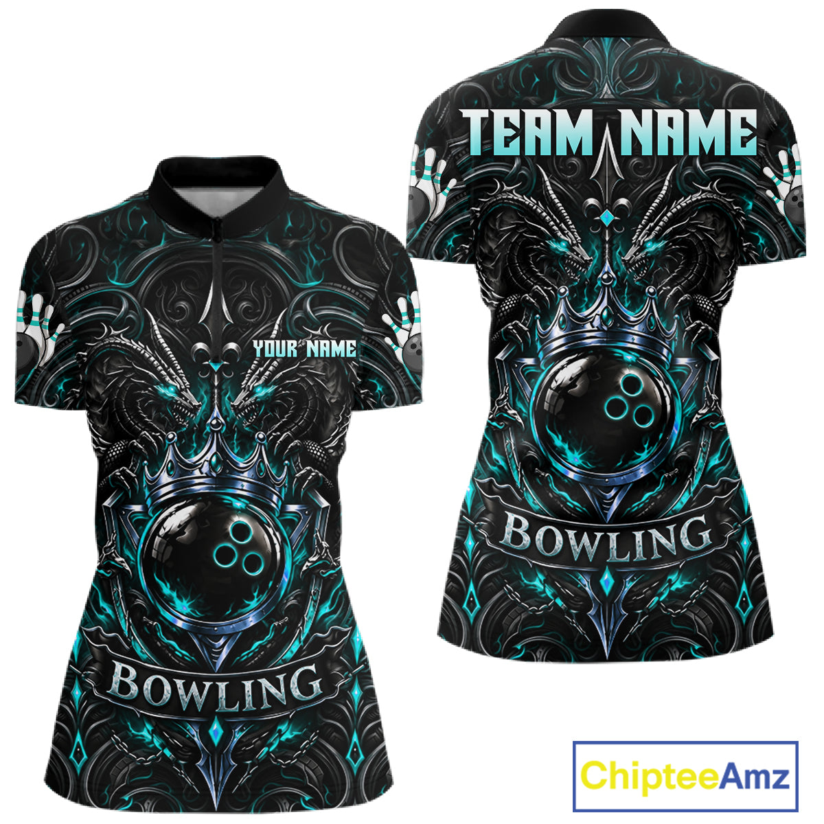 Womens Teal Gothic Dragon Bowling Polo Quarter-Zip Shirt Custom Neon Blue Strike Bowling Team Jersey NYN4735