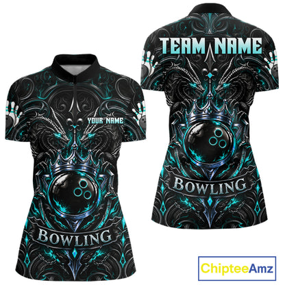 Womens Teal Gothic Dragon Bowling Polo Quarter-Zip Shirt Custom Neon Blue Strike Bowling Team Jersey NYN4735