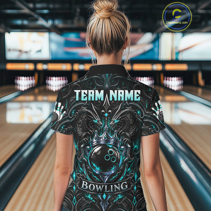 Womens Teal Gothic Dragon Bowling Polo Quarter-Zip Shirt Custom Neon Blue Strike Bowling Team Jersey NYN4735