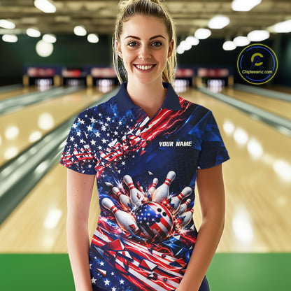 Cracked US Flag Bowling Polo 1/4-Zip Shirt For Women Custom American Flag Strike Apparel Bowling Jersey NYN4737