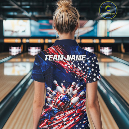 Cracked US Flag Bowling Polo 1/4-Zip Shirt For Women Custom American Flag Strike Apparel Bowling Jersey NYN4737
