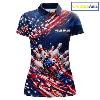 Cracked US Flag Bowling Polo 1/4-Zip Shirt For Women Custom American Flag Strike Apparel Bowling Jersey NYN4737