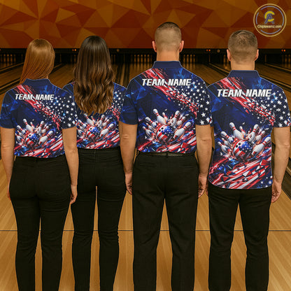 Cracked US Flag Bowling Polo 1/4-Zip Shirt For Men Custom American Flag Strike Apparel Bowling Jersey NYN4737
