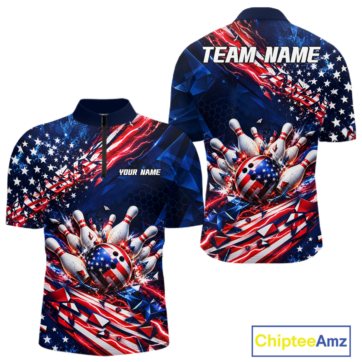 Cracked US Flag Bowling Polo 1/4-Zip Shirt For Men Custom American Flag Strike Apparel Bowling Jersey NYN4737