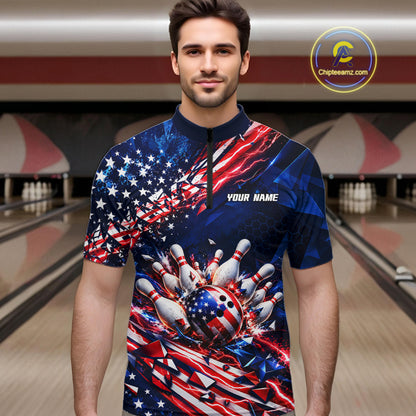 Cracked US Flag Bowling Polo 1/4-Zip Shirt For Men Custom American Flag Strike Apparel Bowling Jersey NYN4737