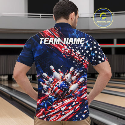 Cracked US Flag Bowling Polo 1/4-Zip Shirt For Men Custom American Flag Strike Apparel Bowling Jersey NYN4737