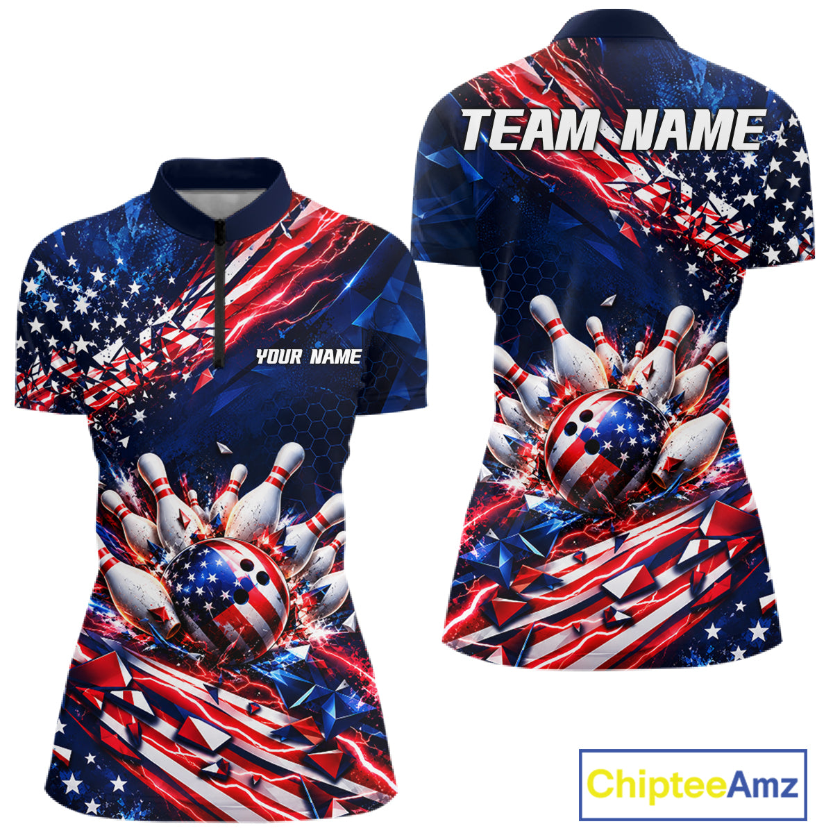 Cracked US Flag Bowling Polo 1/4-Zip Shirt For Women Custom American Flag Strike Apparel Bowling Jersey NYN4737
