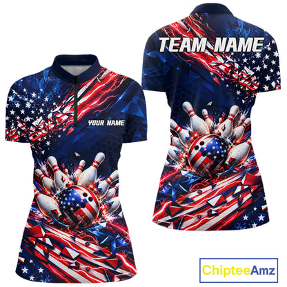 Cracked US Flag Bowling Polo 1/4-Zip Shirt For Women Custom American Flag Strike Apparel Bowling Jersey NYN4737