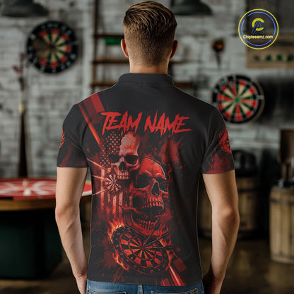 Custom Red Smokes Grunge Skull Men Darts Polo Shirt US Flag Skull Dart League Jerseys NYN2123
