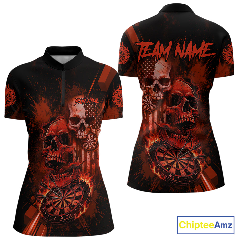 Custom Red Smokes Grunge Skull Women Darts Quarter- Zip Shirt US Flag Skull Dart League Jerseys NYN2123