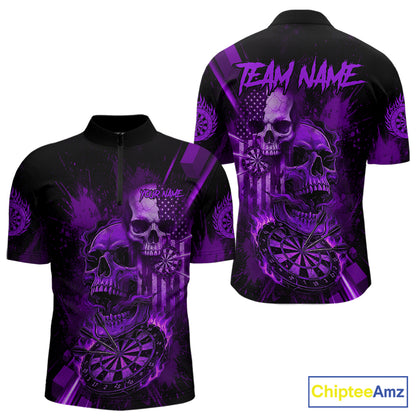 Custom Purple Smokes Grunge Skull Men Darts Quarter- Zip Shirt US Flag Skull Dart League Jerseys NYN2124