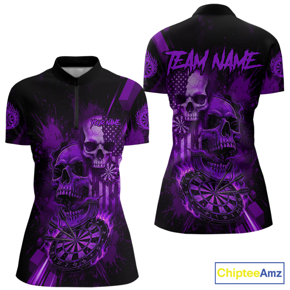 Custom Purple Smokes Grunge Skull Women Darts Quarter- Zip Shirt US Flag Skull Dart League Jerseys NYN2124