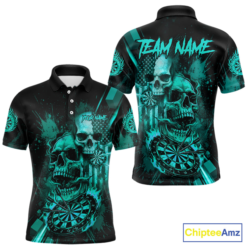 Custom Turquoise Smokes Grunge Skull Men Darts Polo Shirt US Flag Skull Dart League Jerseys NYN2125