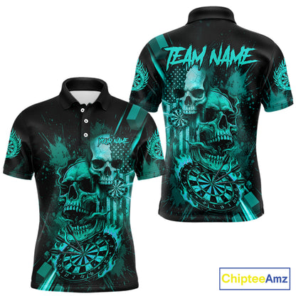 Custom Turquoise Smokes Grunge Skull Men Darts Polo Shirt US Flag Skull Dart League Jerseys NYN2125