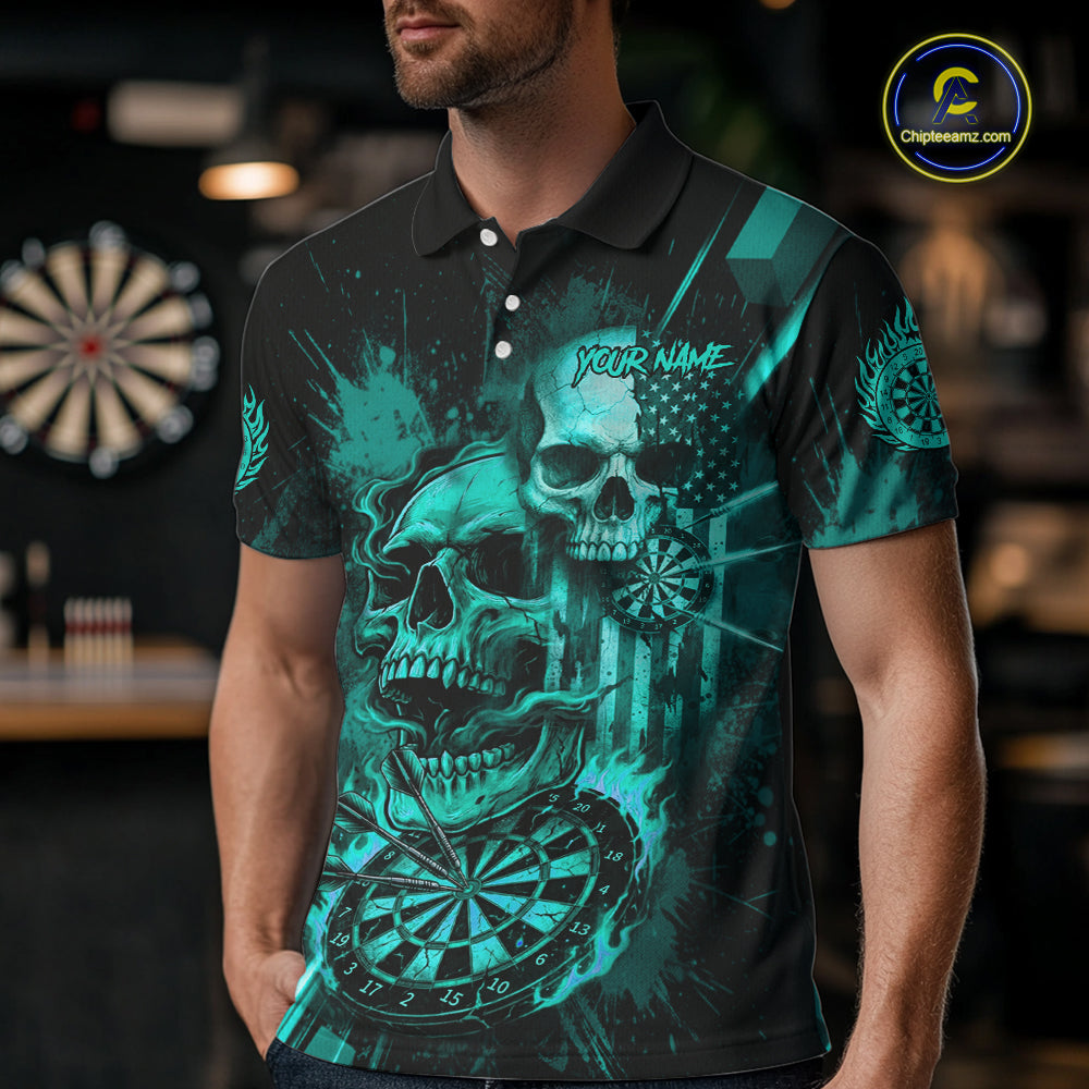 Custom Turquoise Smokes Grunge Skull Men Darts Polo Shirt US Flag Skull Dart League Jerseys NYN2125