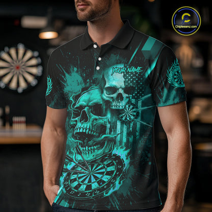 Custom Turquoise Smokes Grunge Skull Men Darts Polo Shirt US Flag Skull Dart League Jerseys NYN2125