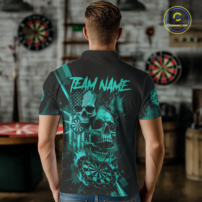 Custom Turquoise Smokes Grunge Skull Men Darts Polo Shirt US Flag Skull Dart League Jerseys NYN2125