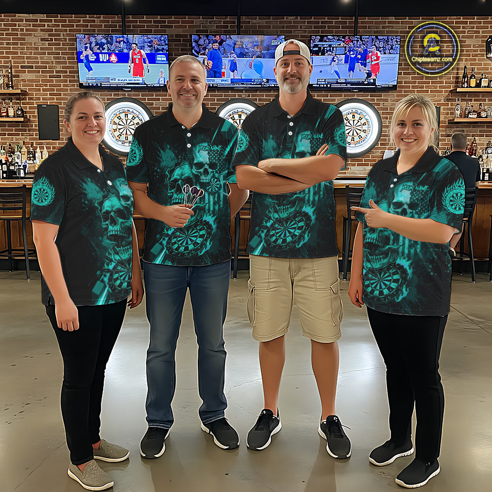 Custom Turquoise Smokes Grunge Skull Women Darts Polo Shirt US Flag Skull Dart League Jerseys NYN2125