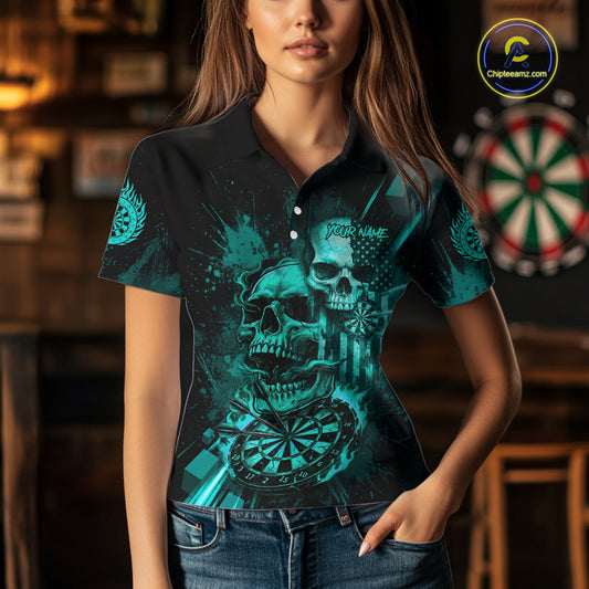Custom Turquoise Smokes Grunge Skull Women Darts Polo Shirt US Flag Skull Dart League Jerseys NYN2125