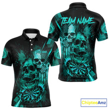 Load image into Gallery viewer, Custom Turquoise Smokes Grunge Skull Men Darts Polo Shirt US Flag Skull Dart League Jerseys NYN2125