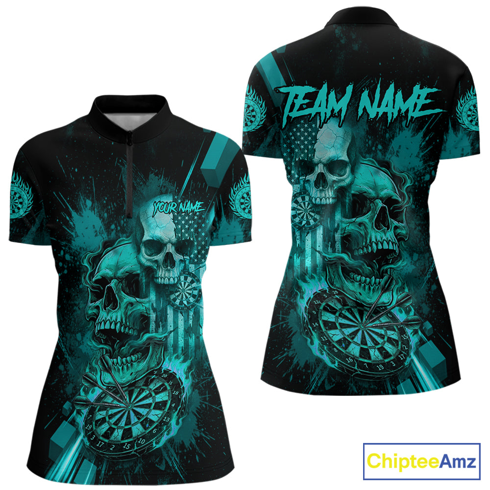 Custom Turquoise Smokes Grunge Skull Women Darts Quarter- Zip Shirt US Flag Skull Dart League Jerseys NYN2125