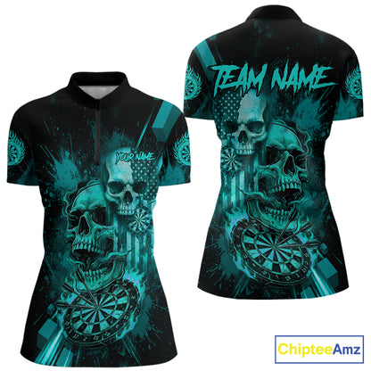 Custom Turquoise Smokes Grunge Skull Women Darts Quarter- Zip Shirt US Flag Skull Dart League Jerseys NYN2125