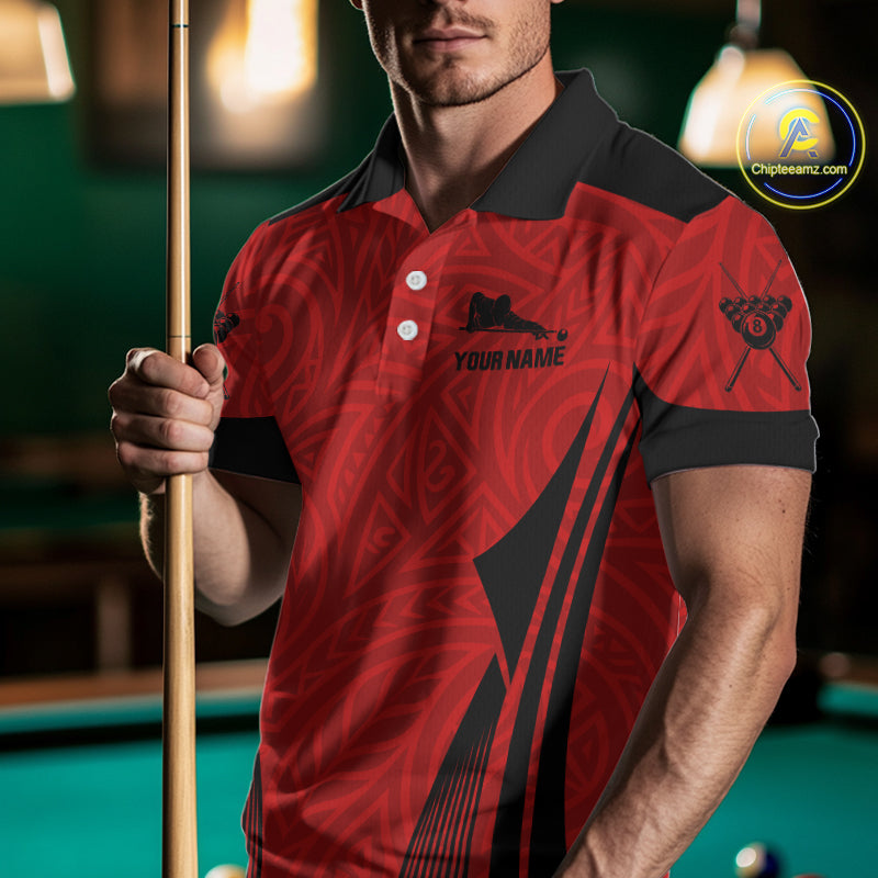 Red Tribal Ball Pool Men Billiard Polo & 1/4-Zip Attire Custom 8 Ball Billiard Team Shirt NYN2388