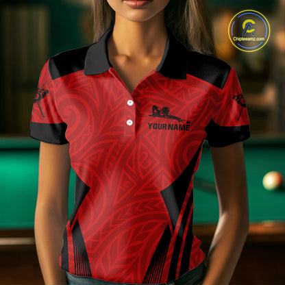 Red Tribal Ball Pool Women Billiard Polo & 1/4-Zip Attire Custom 8 Ball Billiard Team Shirt NYN2388