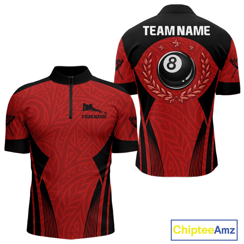 Red Tribal Ball Pool Men Billiard Polo & 1/4-Zip Attire Custom 8 Ball Billiard Team Shirt NYN2388