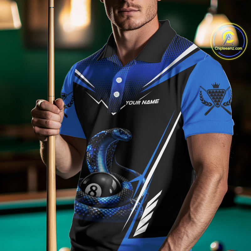 Load image into Gallery viewer, Cobra Balls Billiard Polo & 1/4-Zip Shirt For Men Custom 8 Ball Pool Billiard Attire|Blue NYN2393