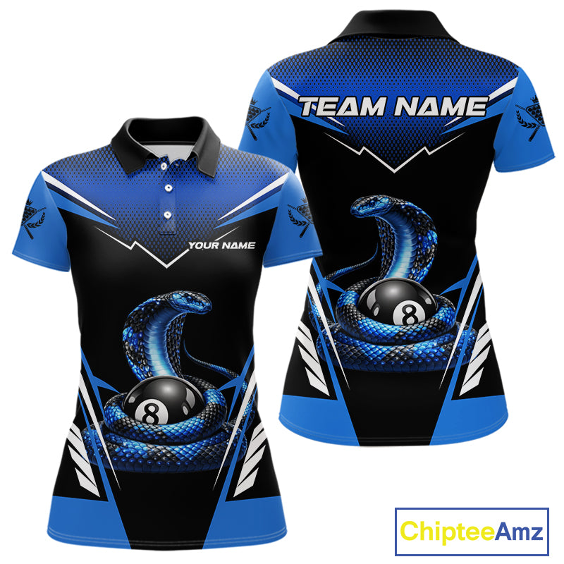 Cobra Balls Billiard Polo & 1/4-Zip Shirt For Women Custom 8 Ball Pool Billiard Attire|Blue NYN2393