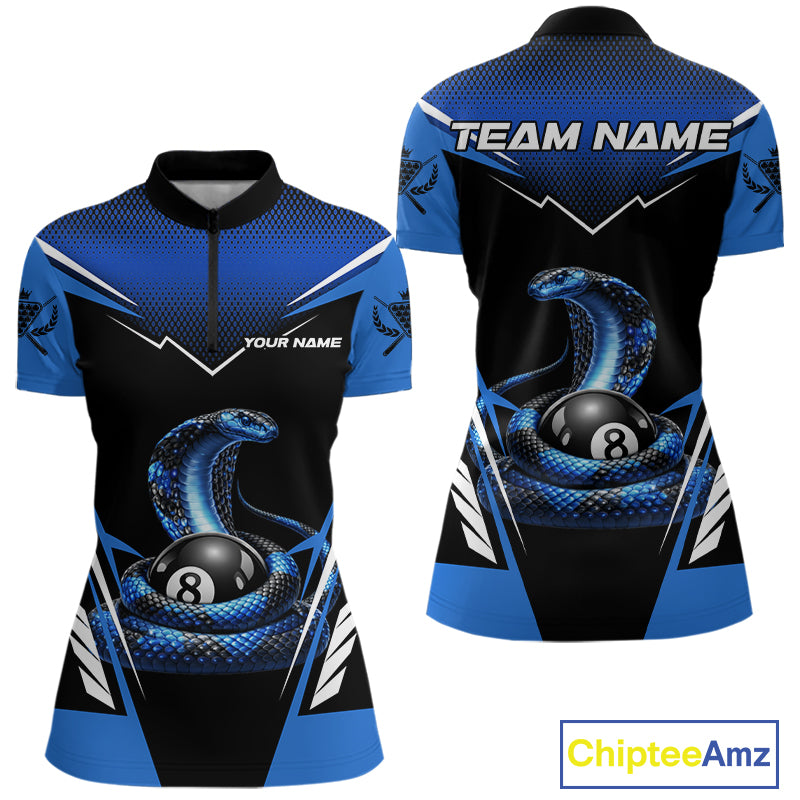 Load image into Gallery viewer, Cobra Balls Billiard Polo & 1/4-Zip Shirt For Women Custom 8 Ball Pool Billiard Attire|Blue NYN2393