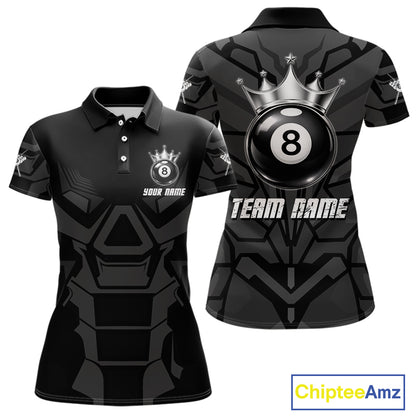 Black And Silver Crown 8 Ball Pool Shirts Custom Women Billiards Balls Polo & Quarter-Zip Attire NYN2397