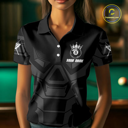 Black And Silver Crown 8 Ball Pool Shirts Custom Women Billiards Balls Polo & Quarter-Zip Attire NYN2397