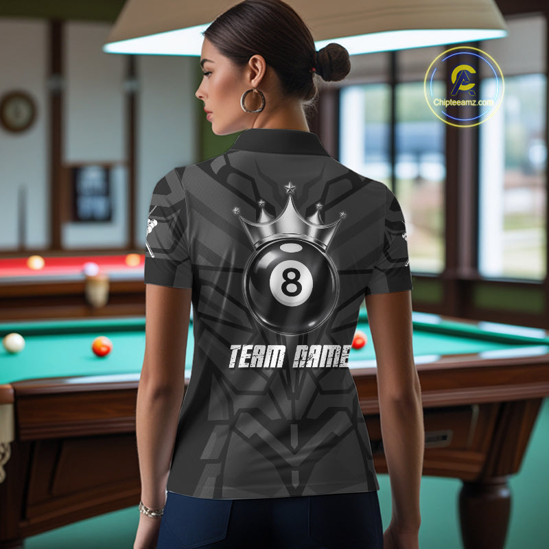 Black And Silver Crown 8 Ball Pool Shirts Custom Women Billiards Balls Polo & Quarter-Zip Attire NYN2397