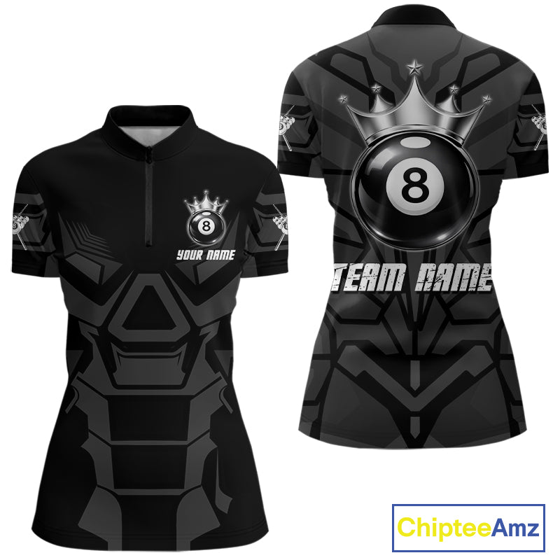 Black And Silver Crown 8 Ball Pool Shirts Custom Women Billiards Balls Polo & Quarter-Zip Attire NYN2397