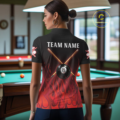 Red Flames 8 Ball Pool Team Shirts Women Billiard Polo & 1/4-Zip Custom Billiard Balls & Cue Gifts NYN2400