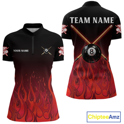 Red Flames 8 Ball Pool Team Shirts Women Billiard Polo & 1/4-Zip Custom Billiard Balls & Cue Gifts NYN2400