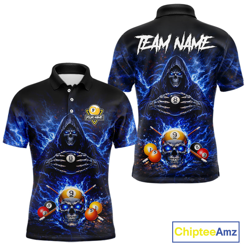 Blue Flames Grim Reaper Pool 8 Ball & 9 Ball Billiard Shirt For Men Custom Billiard Team Jerseys NYN2630