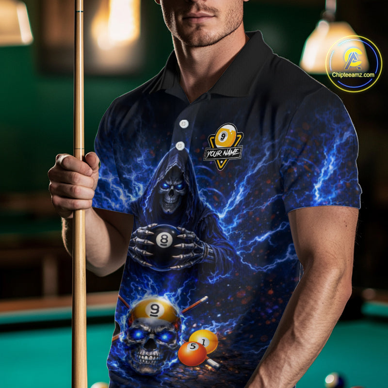 Blue Flames Grim Reaper Pool 8 Ball & 9 Ball Billiard Shirt For Men Custom Billiard Team Jerseys NYN2630