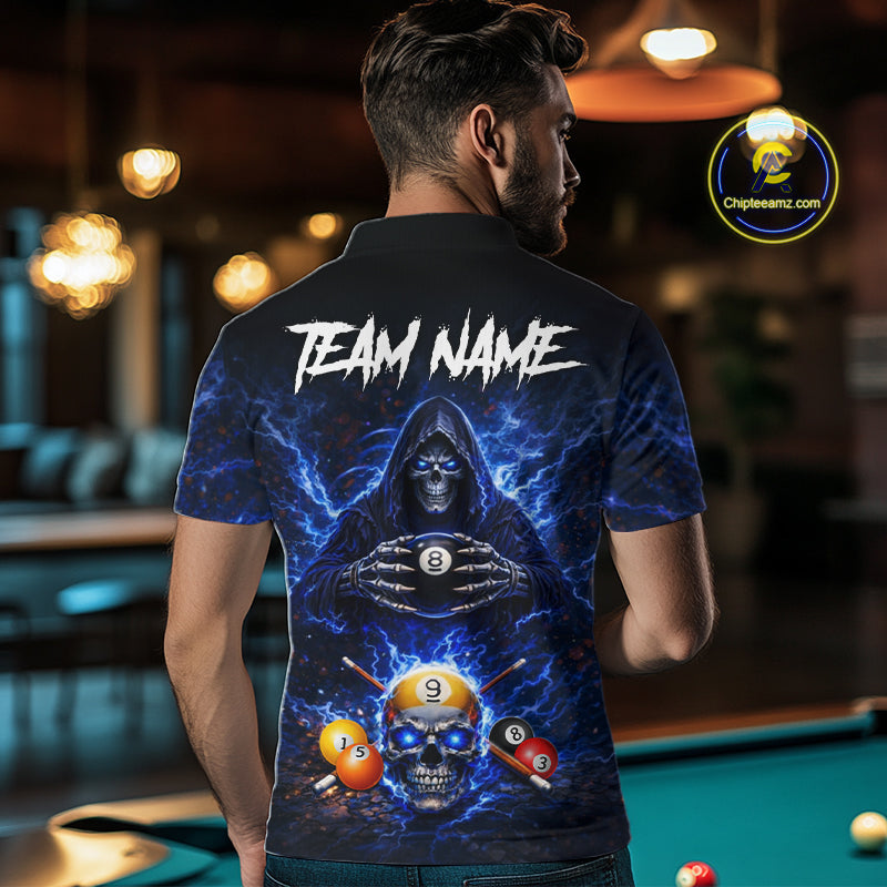 Blue Flames Grim Reaper Pool 8 Ball & 9 Ball Billiard Shirt For Men Custom Billiard Team Jerseys NYN2630