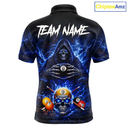 Blue Flames Grim Reaper Pool 8 Ball & 9 Ball Billiard Shirt For Men Custom Billiard Team Jerseys NYN2630
