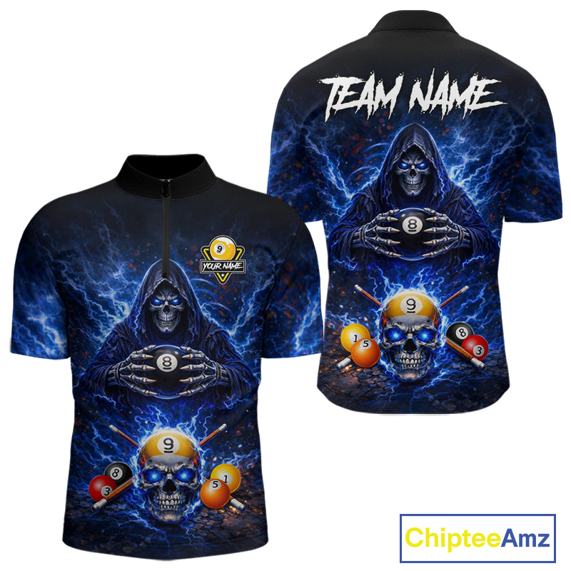 Blue Flames Grim Reaper Pool 8 Ball & 9 Ball Billiard Shirt For Men Custom Billiard Team Jerseys NYN2630