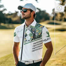 Load image into Gallery viewer, Custom Name Green Tropical Golf Mens Polo Shirt, White Golf Jerseys Best Floral Golf Gifts NYN2993