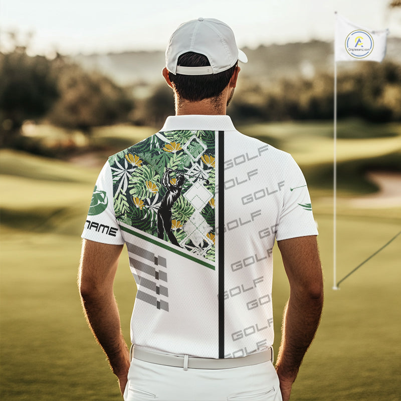 Custom Name Green Tropical Golf Mens Polo Shirt, White Golf Jerseys Best Floral Golf Gifts NYN2993