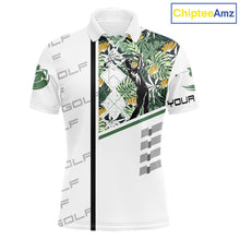 Load image into Gallery viewer, Custom Name Green Tropical Golf Mens Polo Shirt, White Golf Jerseys Best Floral Golf Gifts NYN2993