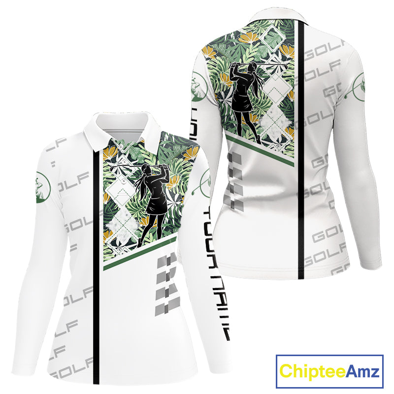 Custom Name Green Tropical Golf Womens Polo Shirt, White Golf Jerseys Best Floral Golf Gifts NYN2993